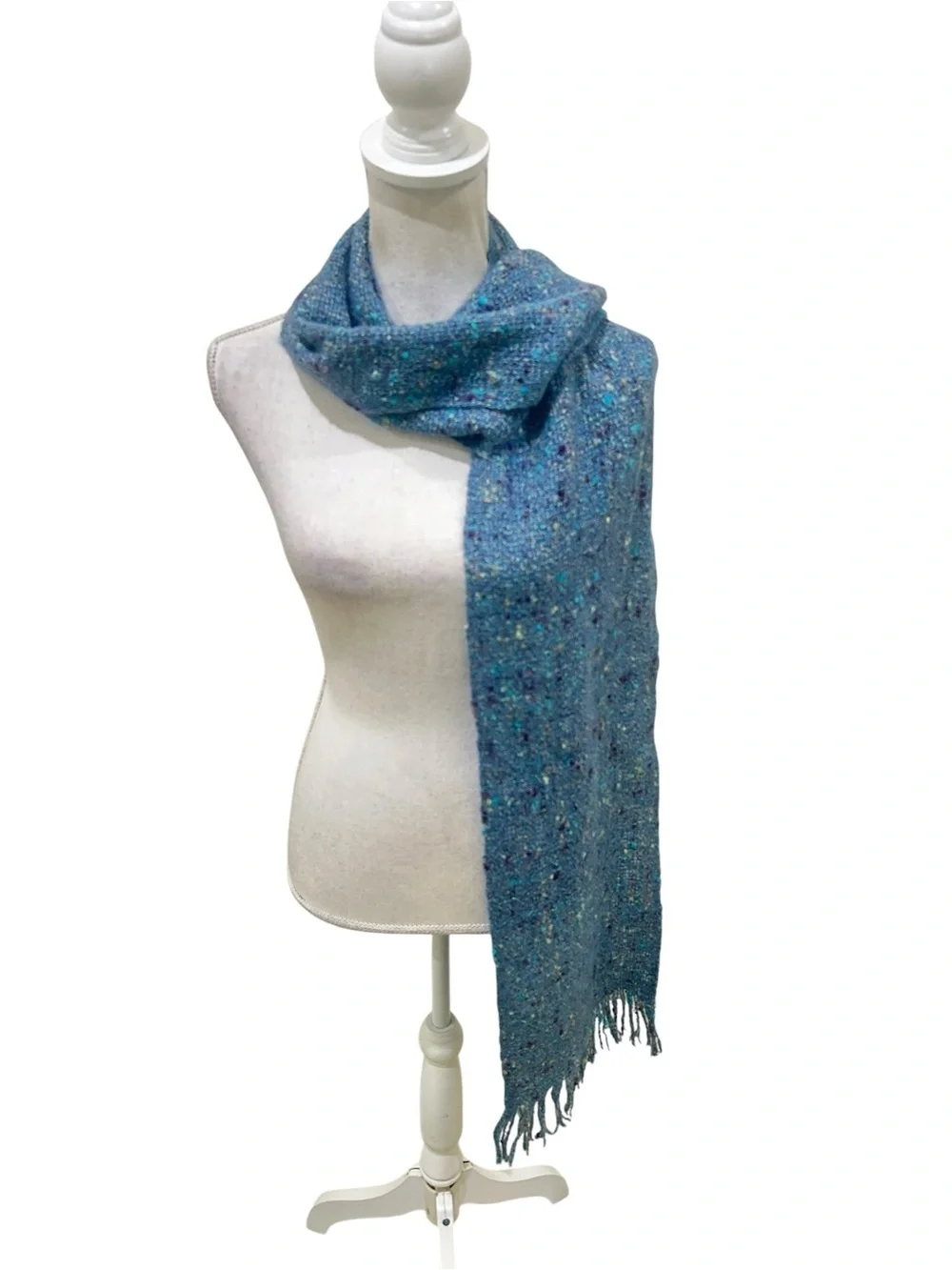 Mucros weavers Ireland  blue premium wool Tweed Fringe Scarf hand Knit